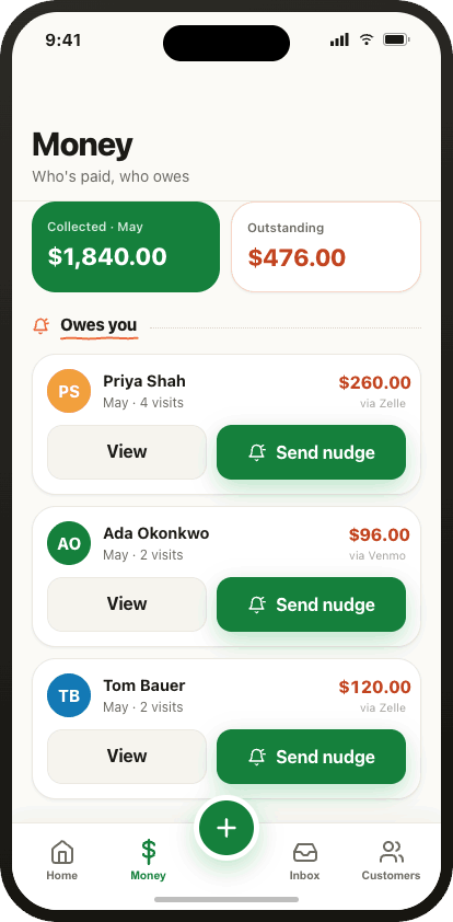 Mowdew owner app — Money, who's paid and who owes