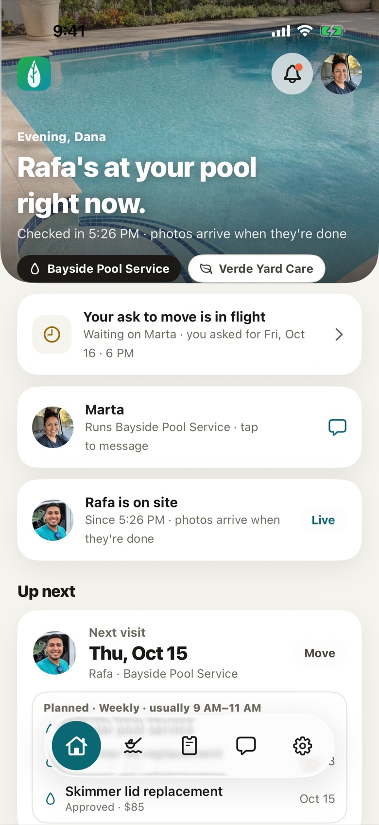 Homeowner app feed: Rafa's at your pool right now, with the live on-site card
