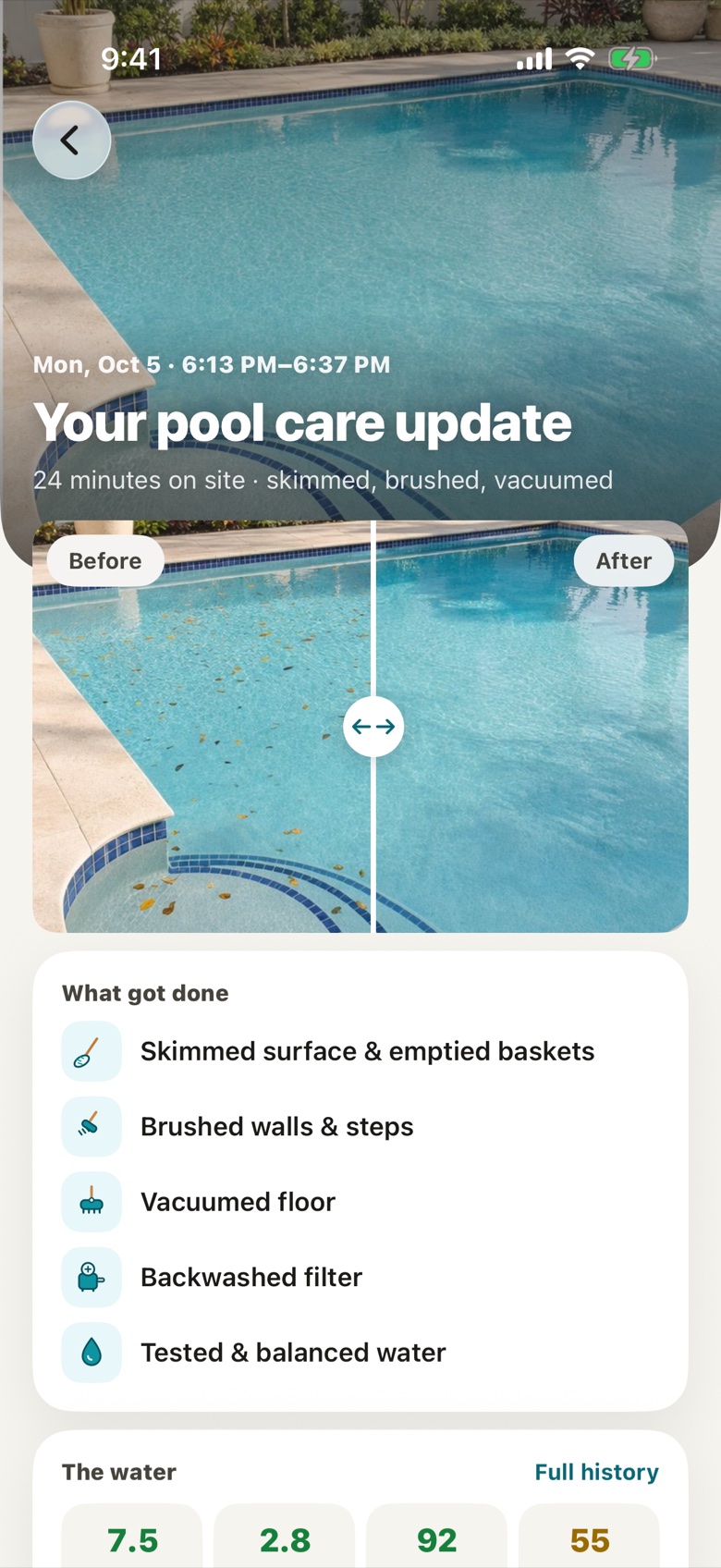 Homeowner app: the pool care update with a before-and-after slider and what got done