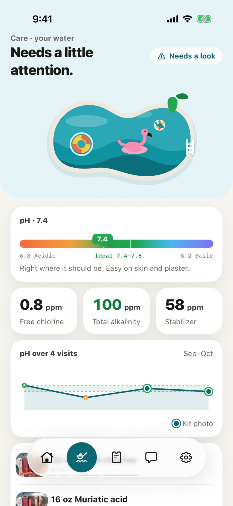 Homeowner app: your water, with the pH gauge, chlorine, alkalinity and stabilizer readings