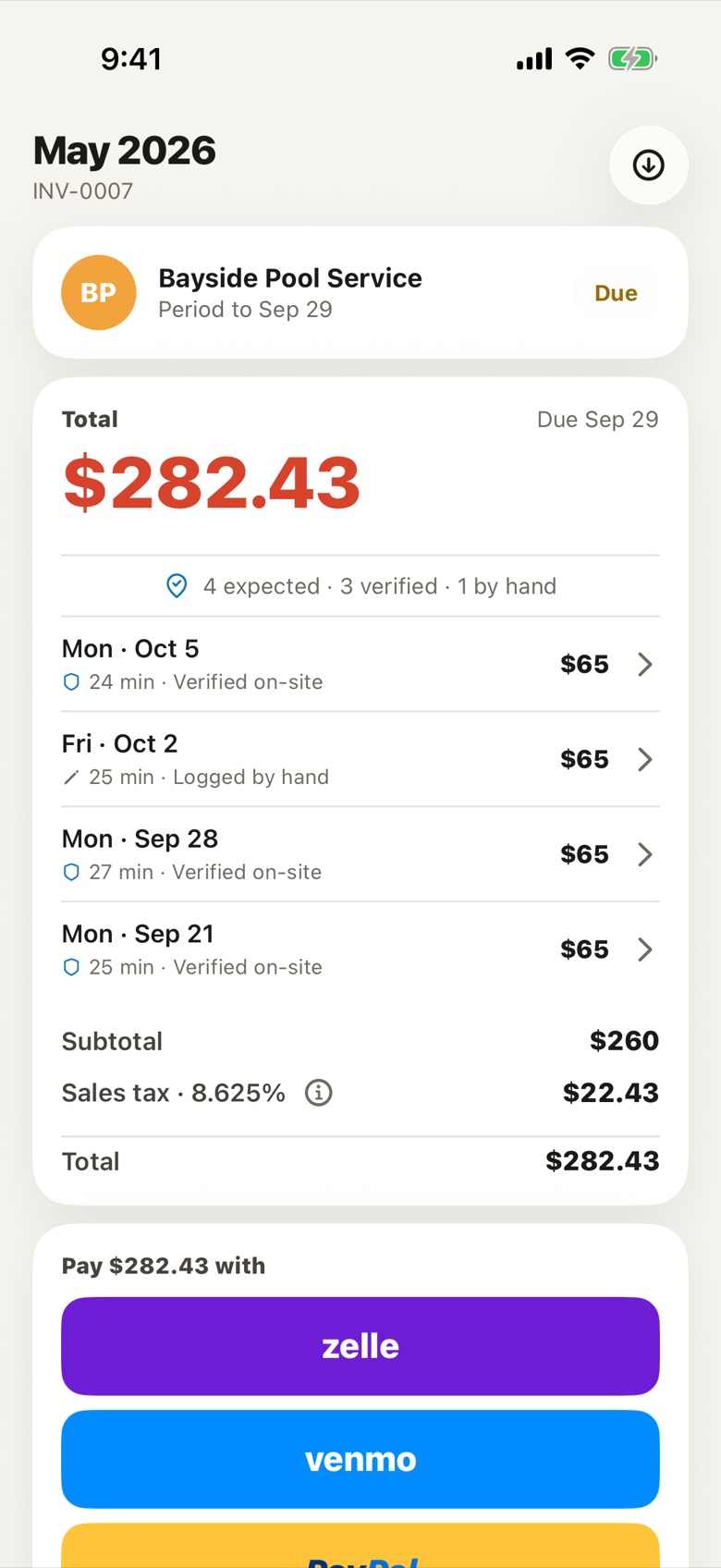 Homeowner app invoice: $282.43 due, built from verified visits, with Zelle and Venmo pay buttons