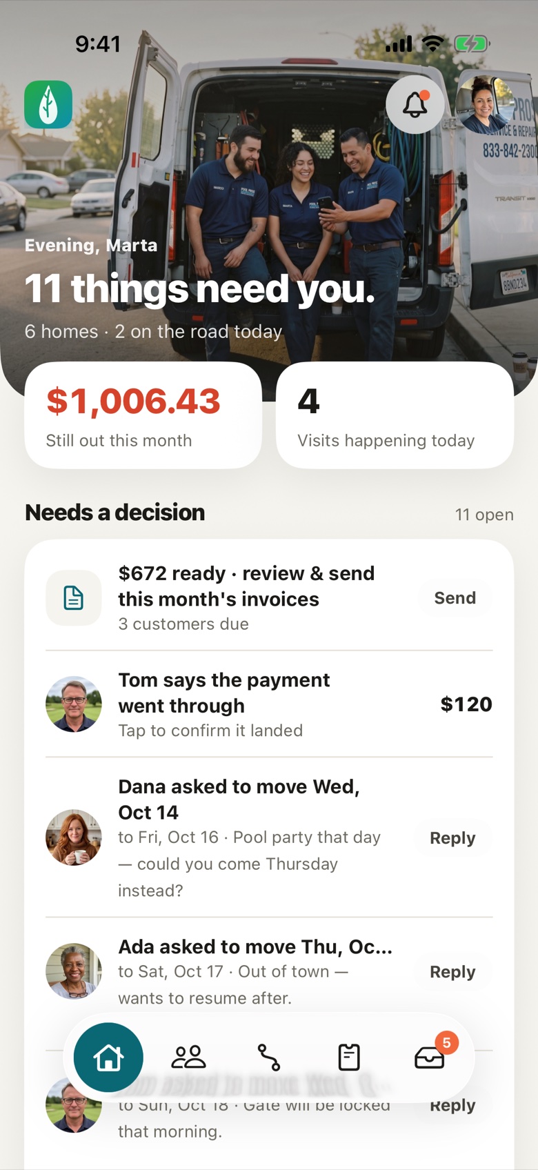 Owner iPhone app home: eleven things need you, money still out this month and the needs-a-decision list