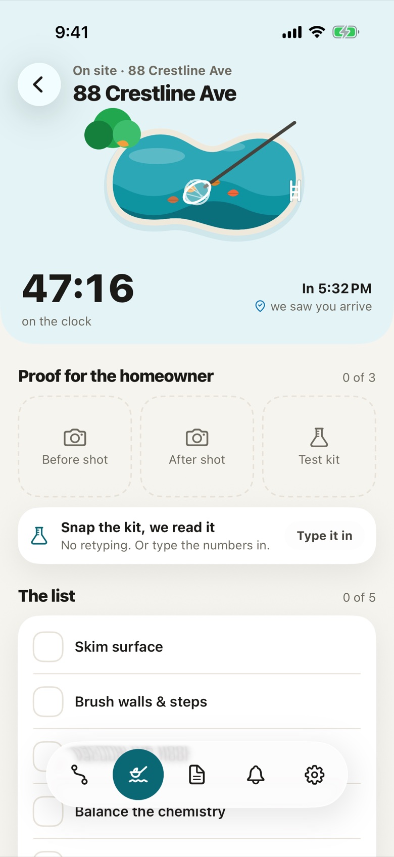 Pro app on site: the visit timer, before, after and test-kit photo slots, and the checklist