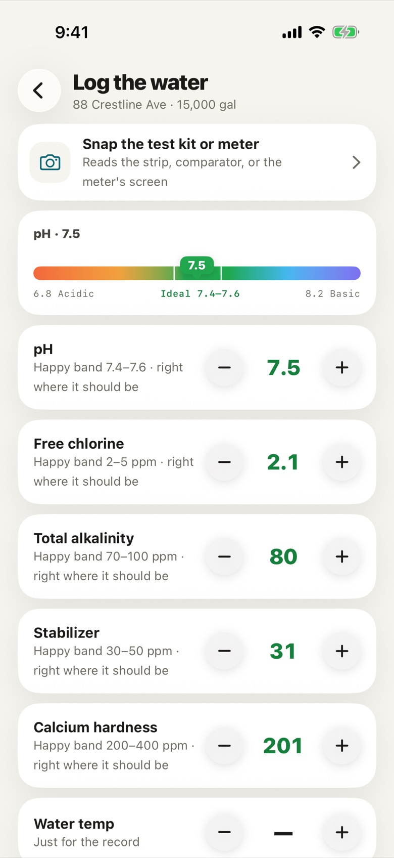Pro app: logging the water, pH 7.5 on the gauge with chlorine, alkalinity, stabilizer and calcium readings