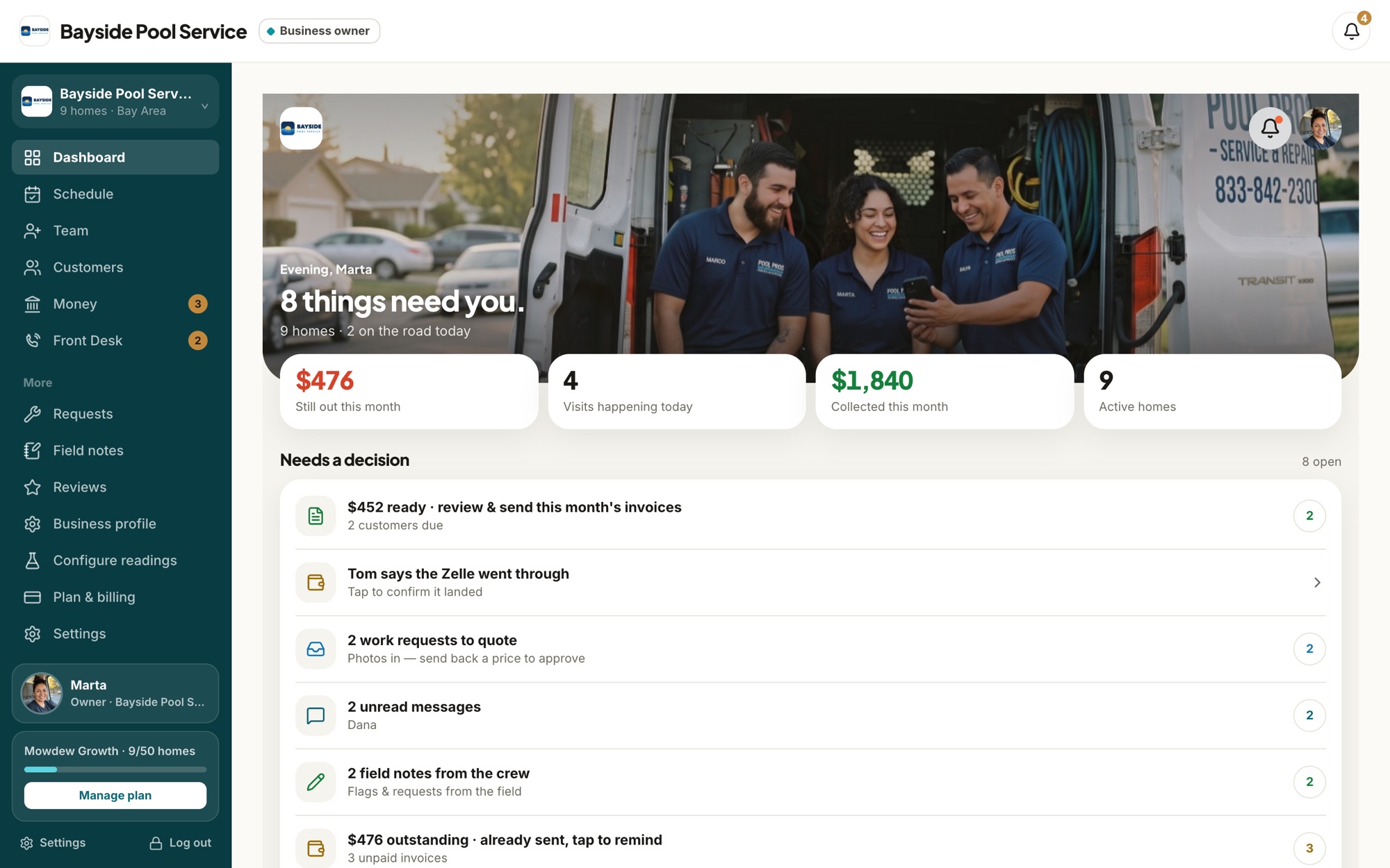 Mowdew business-owner dashboard on the web: what needs you today, money still out, visits happening today and the decisions waiting on you