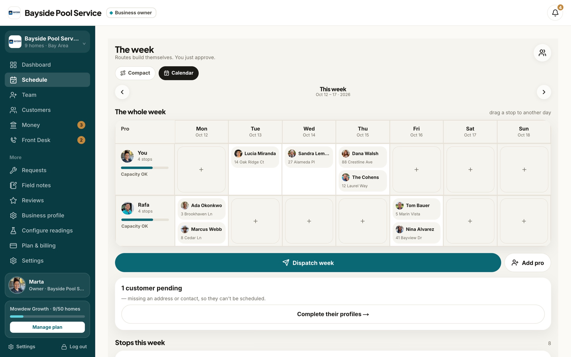 Owner web app: the week as a calendar, each pro's stops by day with capacity, and a Dispatch week button