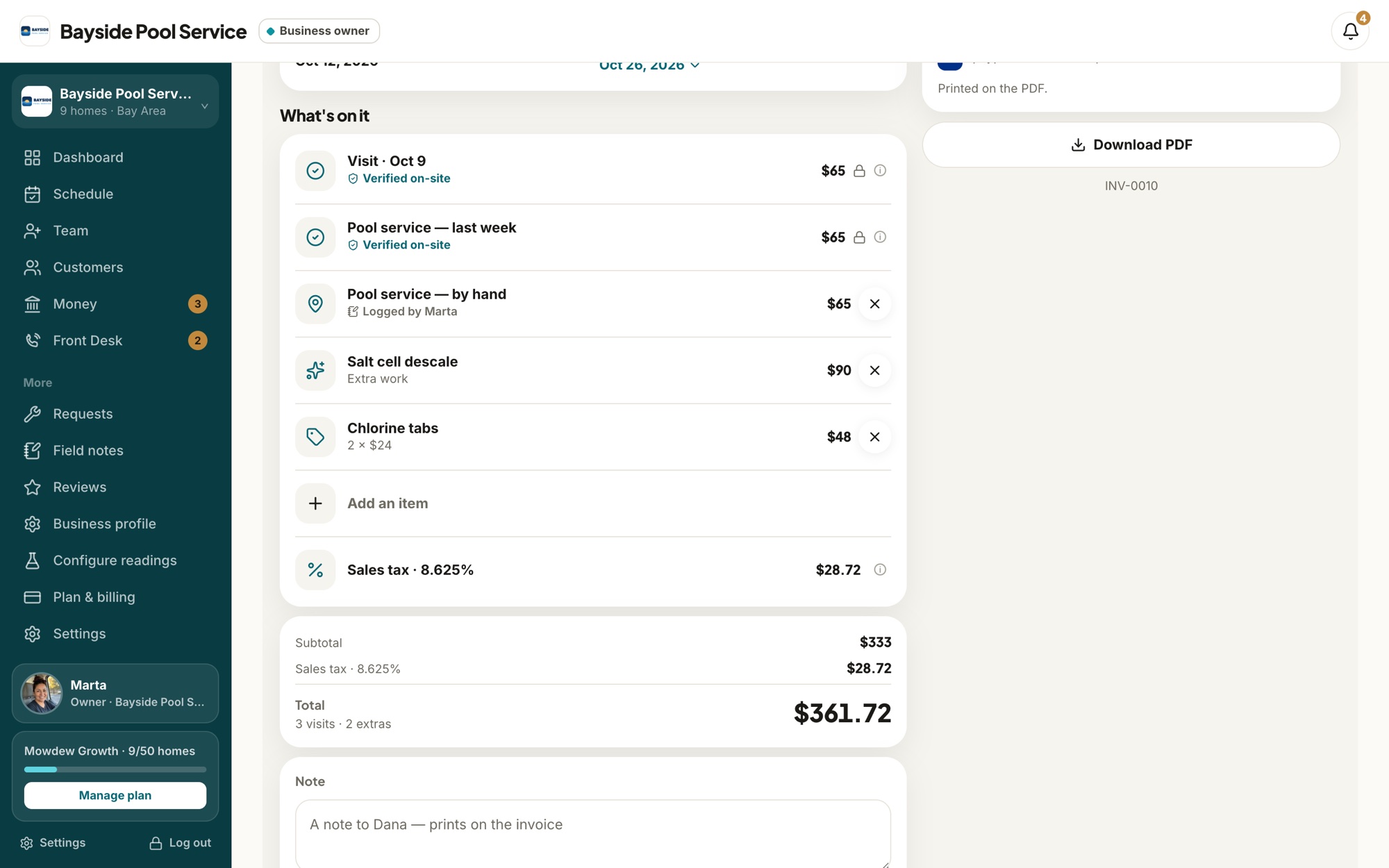 Owner web invoice draft: verified visits locked, a hand-logged visit, extra work, an added item, and 8.625% sales tax on a $361.72 total