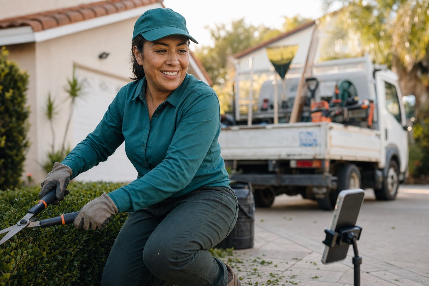 Gardener trimming a hedge with her phone mounted nearby