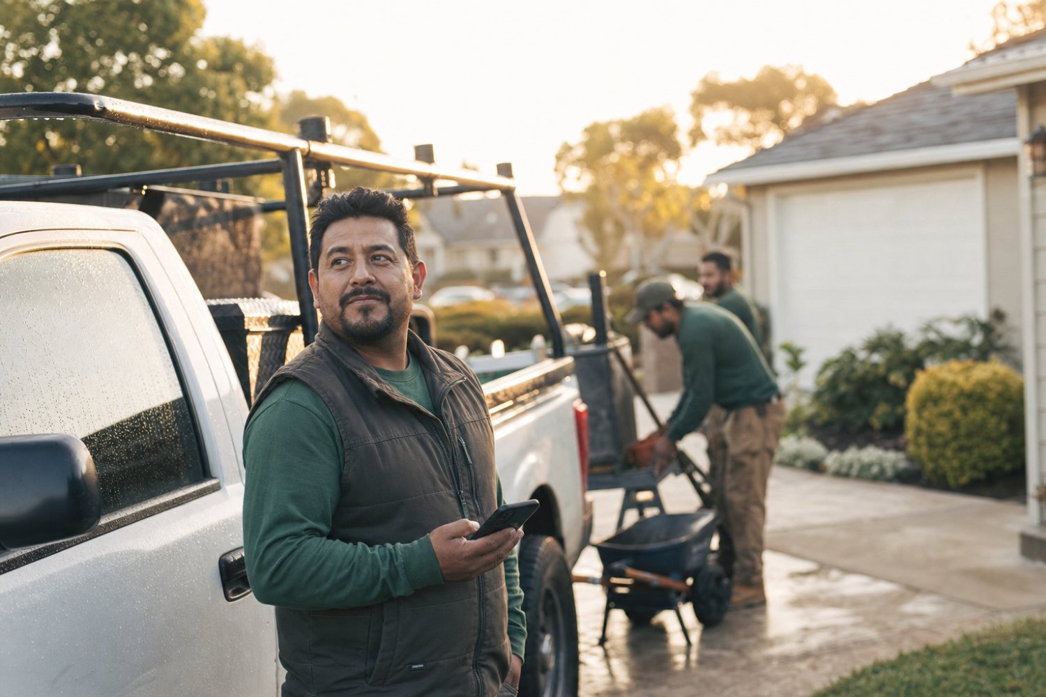 Owner and crew loading the truck at a customer's curb at dawn