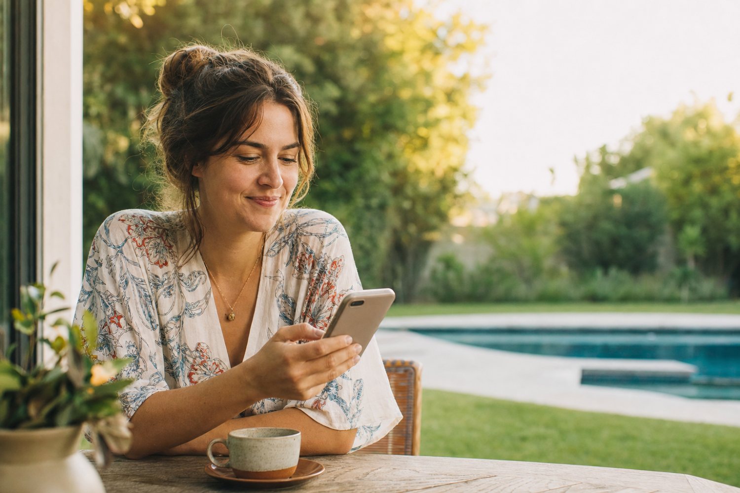 Homeowner checking her visit feed from the kitchen table