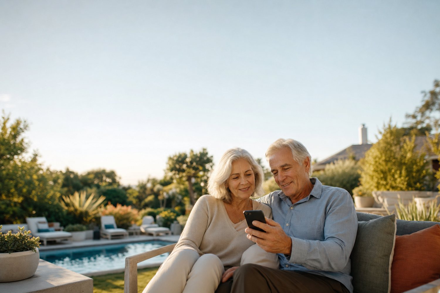 Homeowners relaxing poolside, checking their visit feed at golden hour